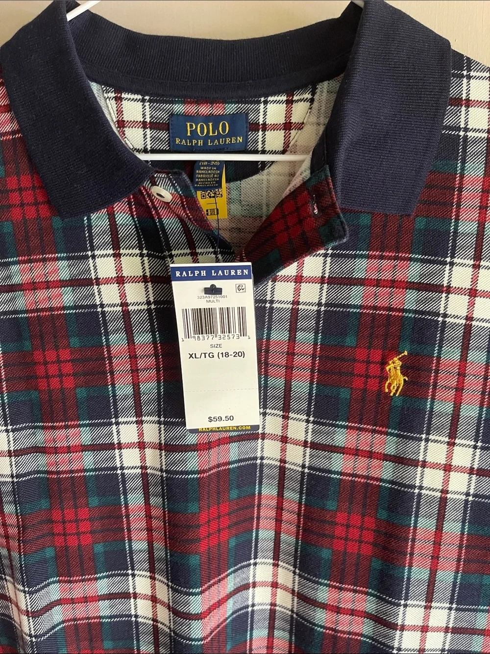Ralph Lauren Red Navy Green Plaid Polo with Yellow Pony